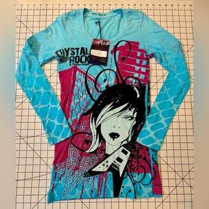 NWT Christian Audigier Crystal Rock Women’s Small Turquoise Rocker Girl L/S Tee